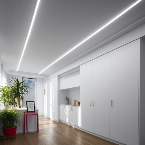 Белый потолок со световыми линиями