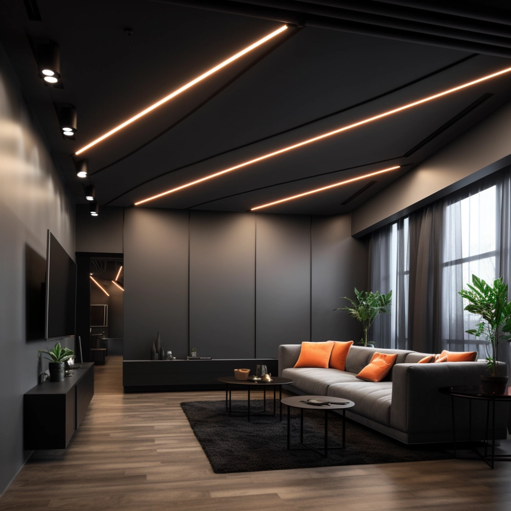 Черный потолок со световыми линиями