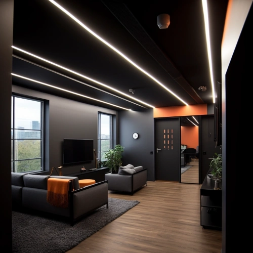 Черный потолок со световыми линиями