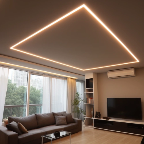 Бежевый потолок со световыми линиями