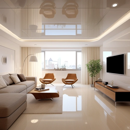 Бежевый глянцевый потолок