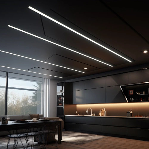 Черный потолок со световыми линиями